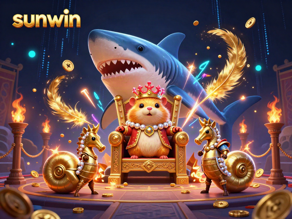 Playing fierce games at Sunwin with a hamster king on a shark throne surrounded by guards and treasures.