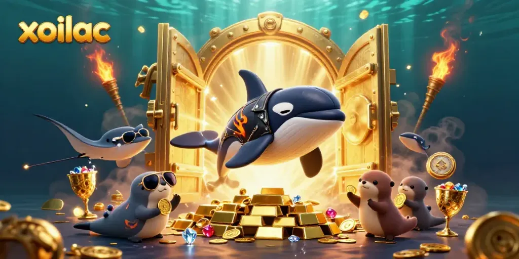 Xoilac provides an exciting underwater gambling scene with characters celebrating jackpot wins amidst treasure.