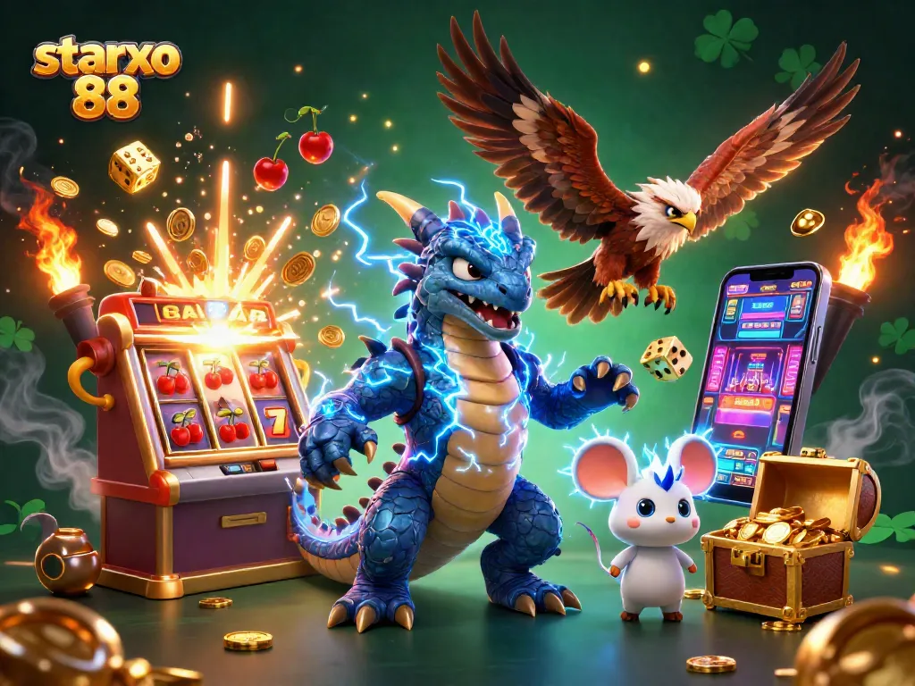 Play starxo 88 with dynamic 3D casino elements and vibrant characters in a thrilling gaming scene.