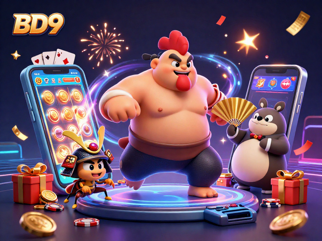 Experience dynamic gaming action at BD9 with a powerful sumo rooster in a vibrant casino setting.