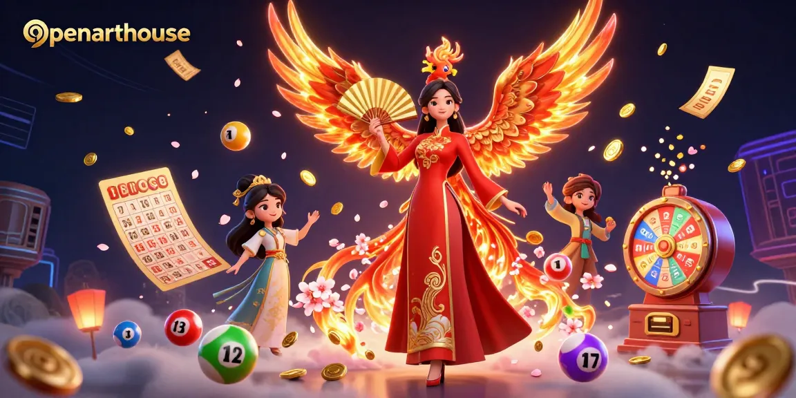 Engage with openarthouse's vibrant lottery scene featuring a graceful ao dai woman and flaming phoenix.