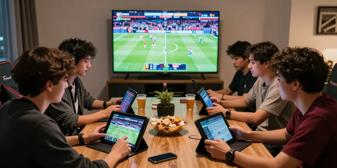 Friends enjoying live sports and betting on Playin exchange in a vibrant gaming environment.