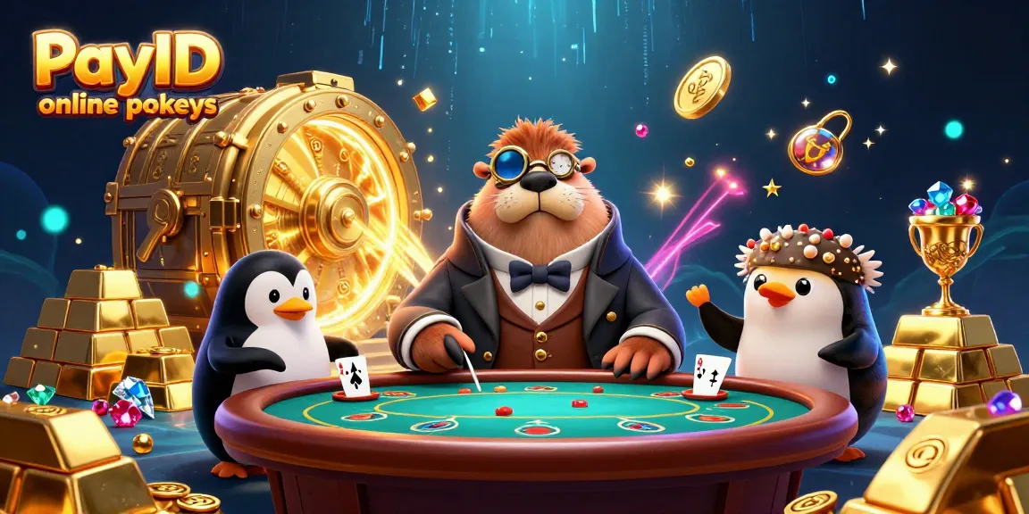 Experience the excitement of PayID online pokies with our vibrant 3D illustration showcasing a jolly walrus, sophisticated dealer, and bluffing pufferfish.