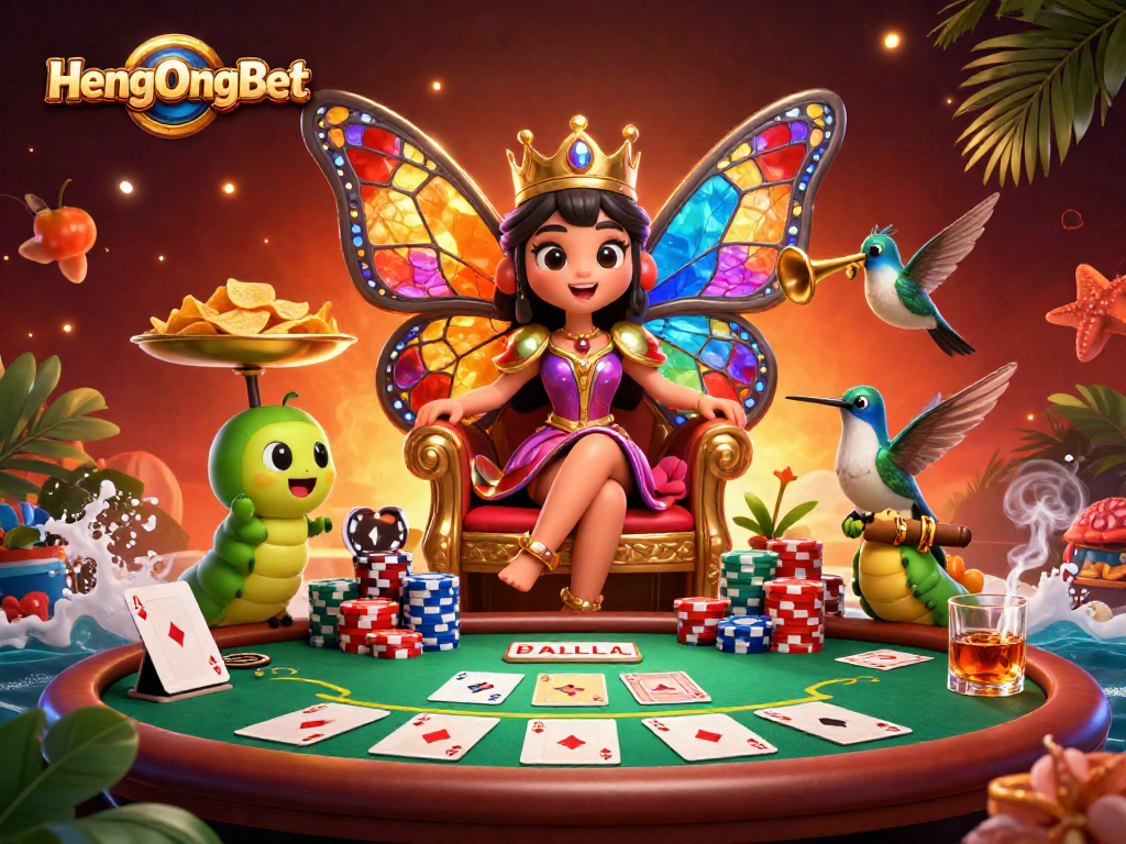 Engage with HengOngBet's vibrant casino through a vivid scene filled with poker excitement.