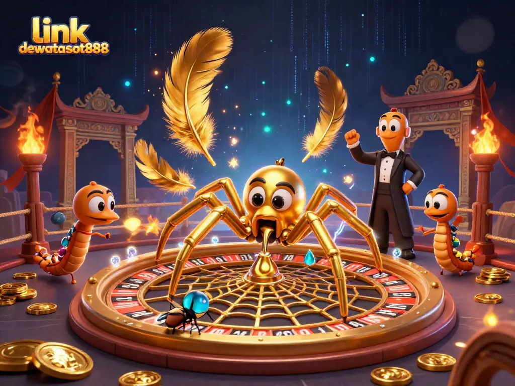 Mainkan di link dewataslot888 sambil menyaksikan ilustrasi spider dan croupier dalam kasino digital.