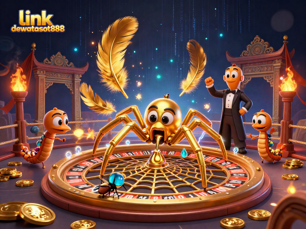 Mainkan di link dewataslot888 sambil menyaksikan ilustrasi spider dan croupier dalam kasino digital.