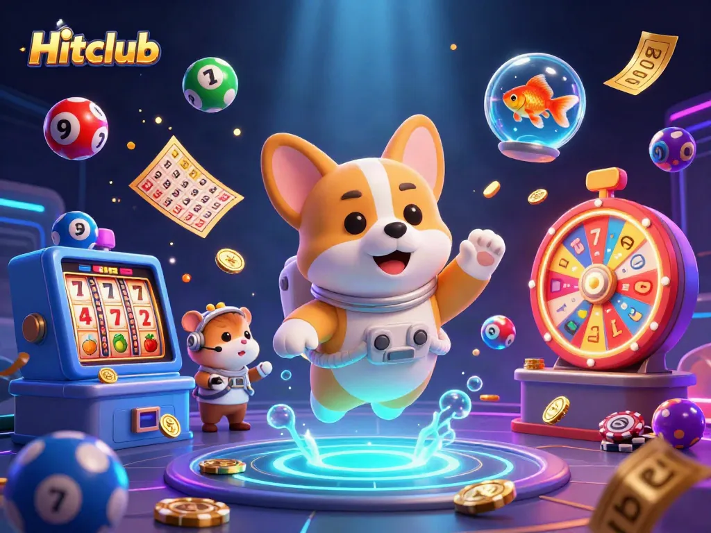 Experience the thrill of gaming at Hitclub with vibrant characters and casino elements floating in space.