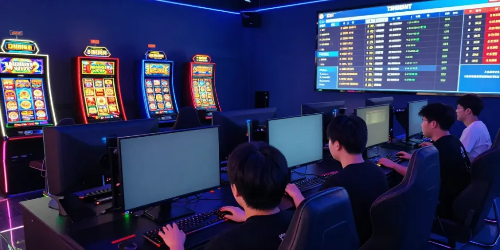Bro138 gaming hub scene with players enjoying slot games and vibrant graphics.