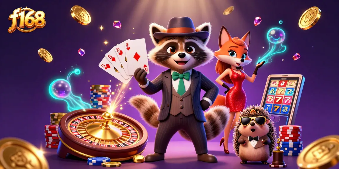 Join the excitement at f168 with a suave raccoon holding a royal flush, surrounded by dazzling casino elements.