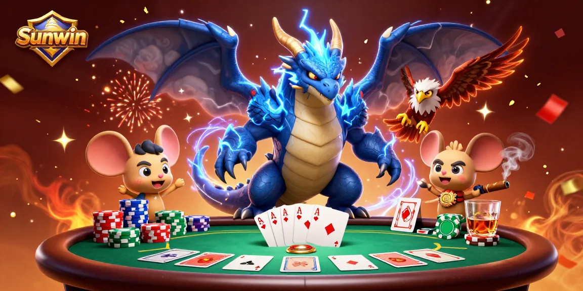 Experience thrilling gaming at Sunwin with a dynamic thunder dragon, poker chips, and a festive atmosphere.