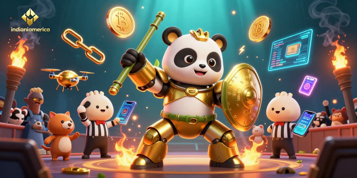 Experience thrilling casino action with indianiamerica's vibrant 3D illustration of a golden panda battling in a digital arena.
