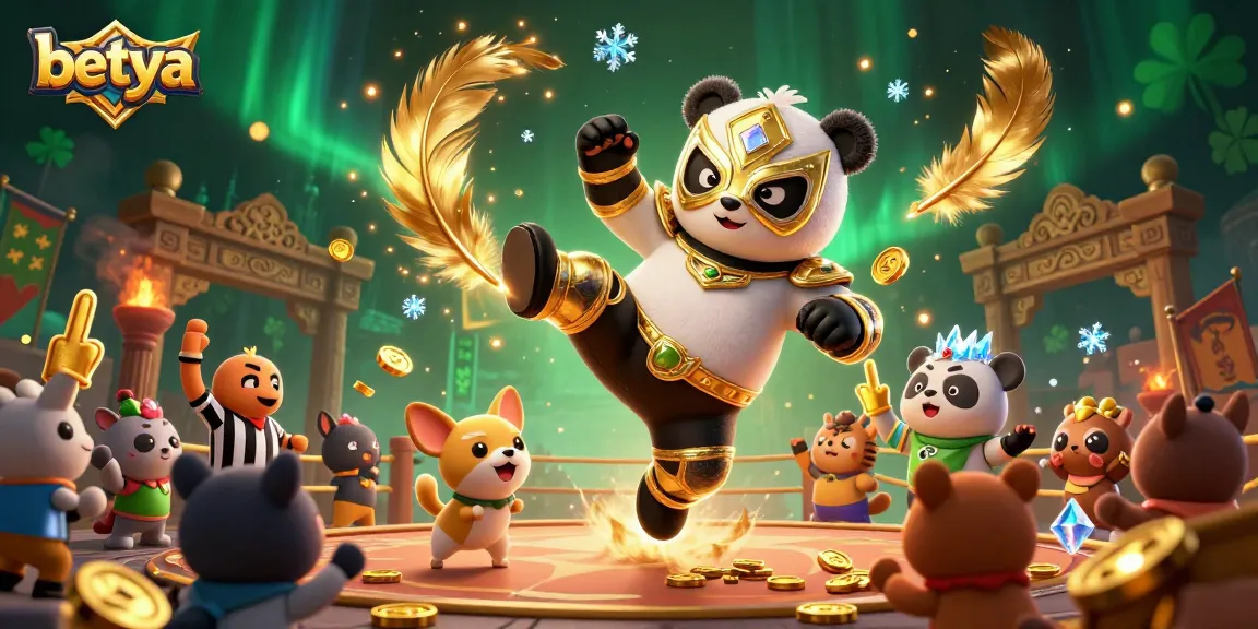 Betya action scene with a wrestling panda and animal spectators surrounded by casino-themed elements.
