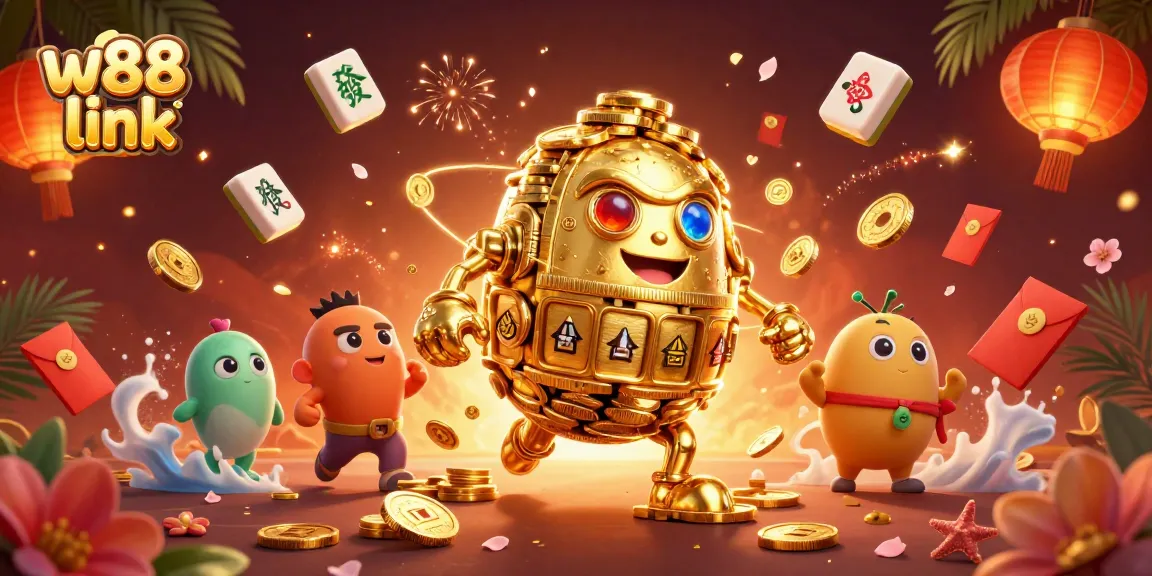 Engage with the vibrant w88 link scene filled with a golden golem and festive gaming elements.