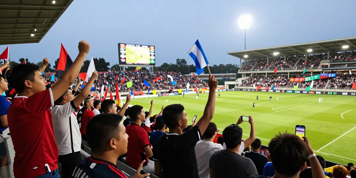 Live soccer match scene showcasing رابط مباريات اليوم with enthusiastic fans in jerseys cheering in a vibrant stadium.