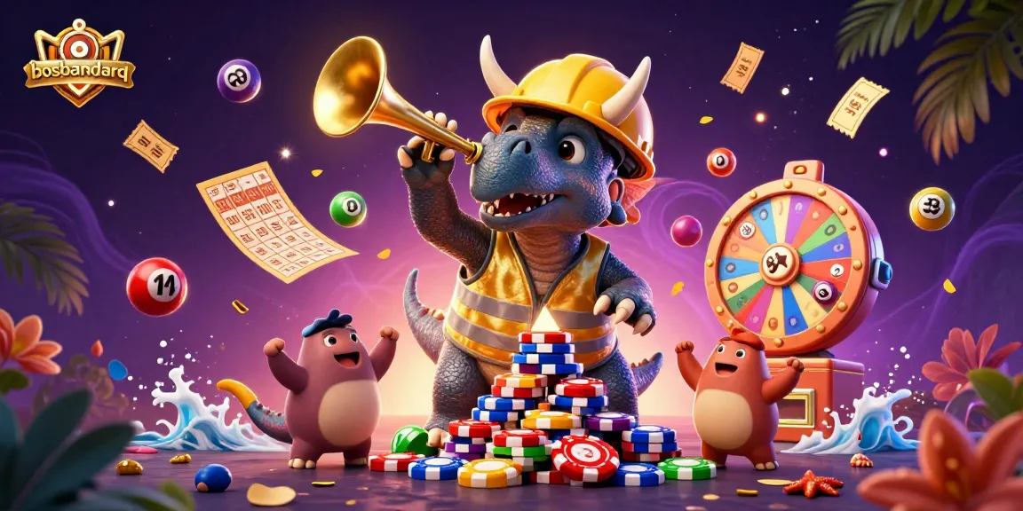 Celebrate winning strategies at bosbandarq with lively animals building poker chip pyramids in a vibrant casino scene.