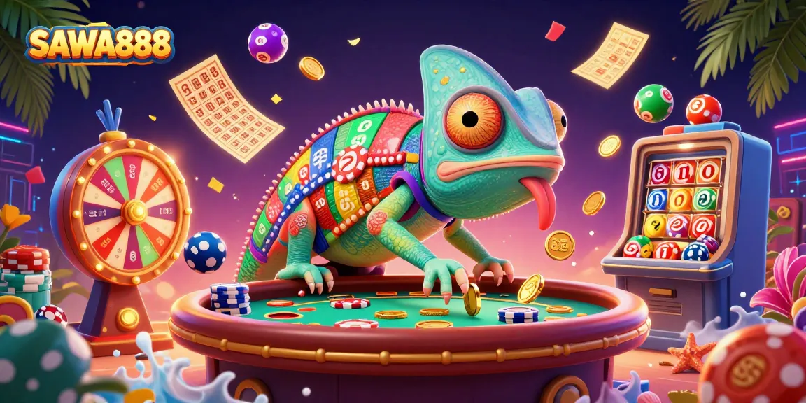 Experience the excitement at SAWA888, where a playful chameleon owner captures golden coins amidst lively lottery elements.