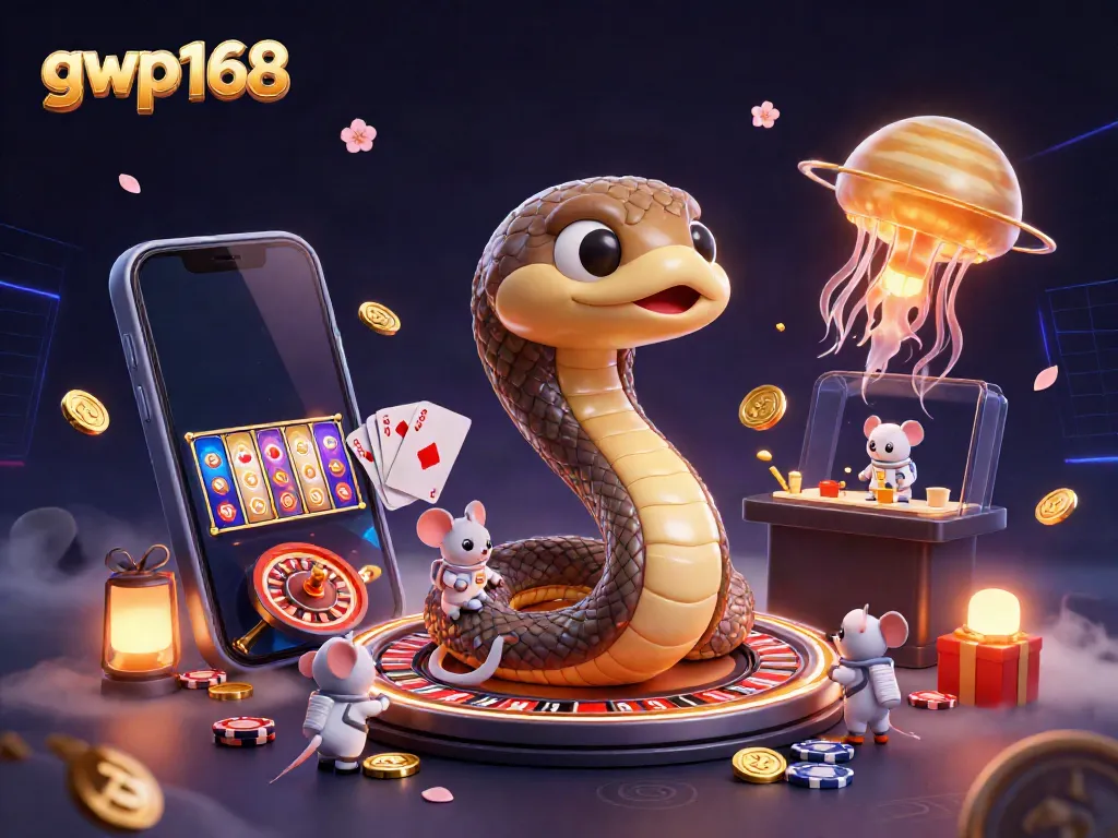 Permainan online di gwp168 dengan ular Saturnus sebagai roda roulette dan astronaut taruhan dalam suasana ceria.