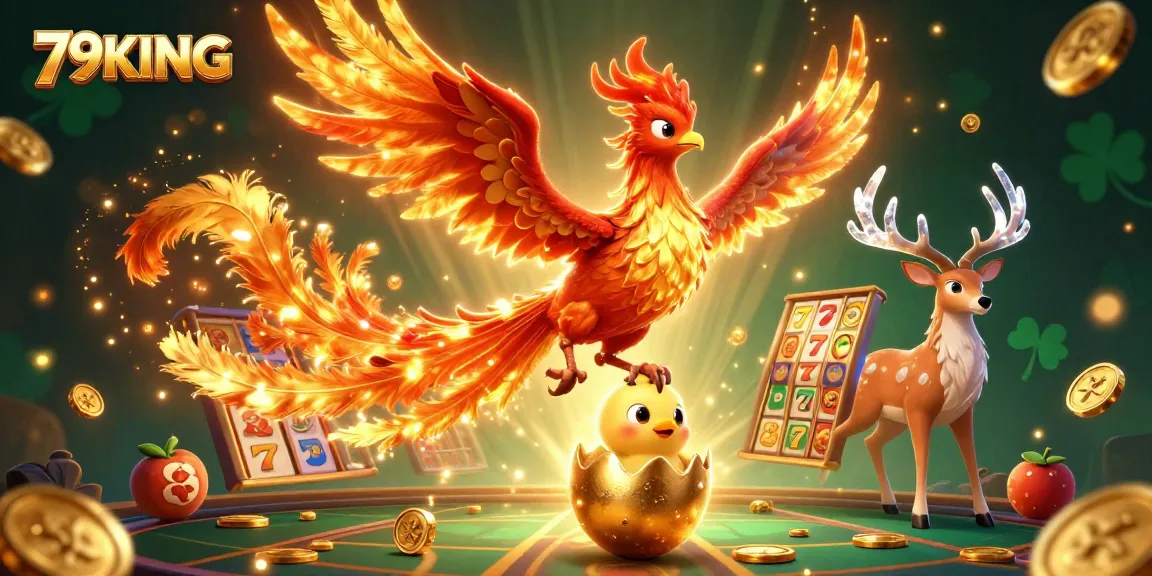 Experience excitement at 79KING with a vibrant 3D illustration of a phoenix and golden slots.