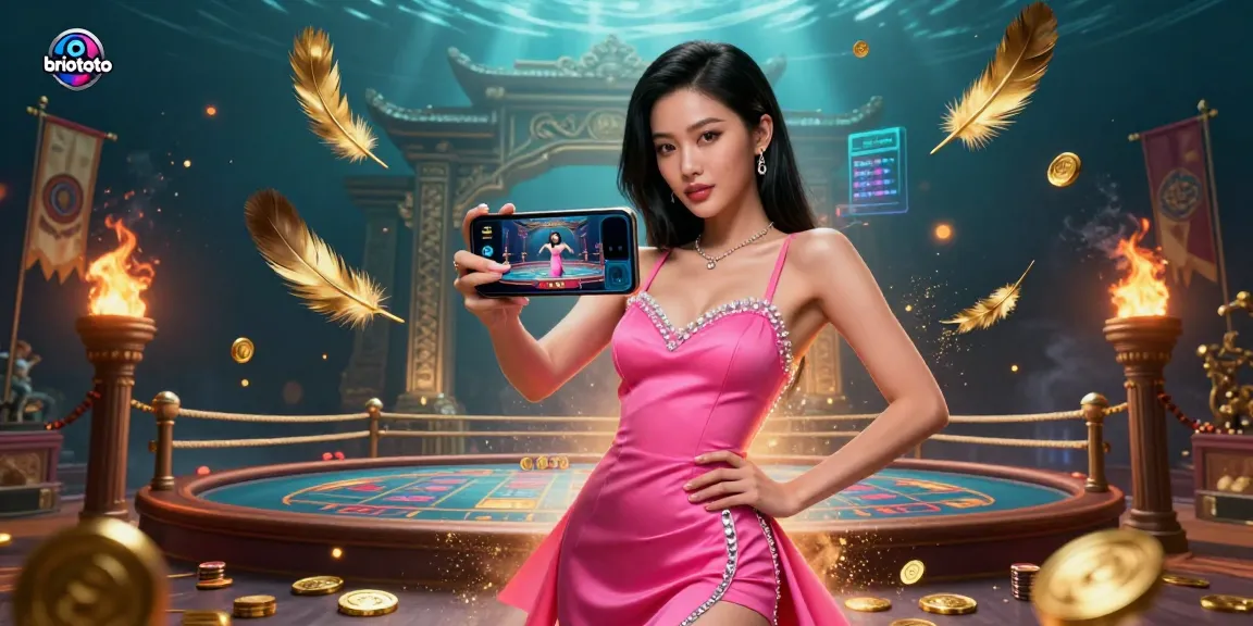 Briototo enhances excitement with a stunning Asian woman showcasing a live dealer casino game on her smartphone amidst a vibrant gaming atmosphere.