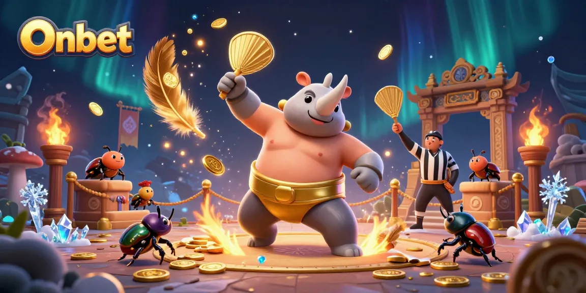 Experience winning moments at Onbet with a rhinoceros beetle sumo champion amid a dynamic casino scene.