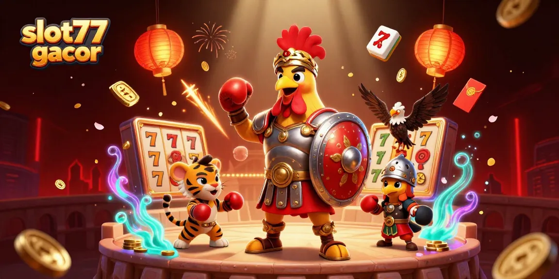 Spin and win with slot77 gacor in an exciting casino arena illustration.