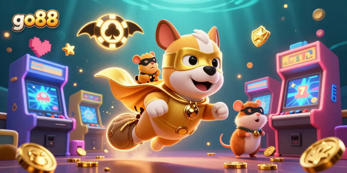 Play exciting games with go88 as a superhero dog loads gold coins in an energetic casino scene.