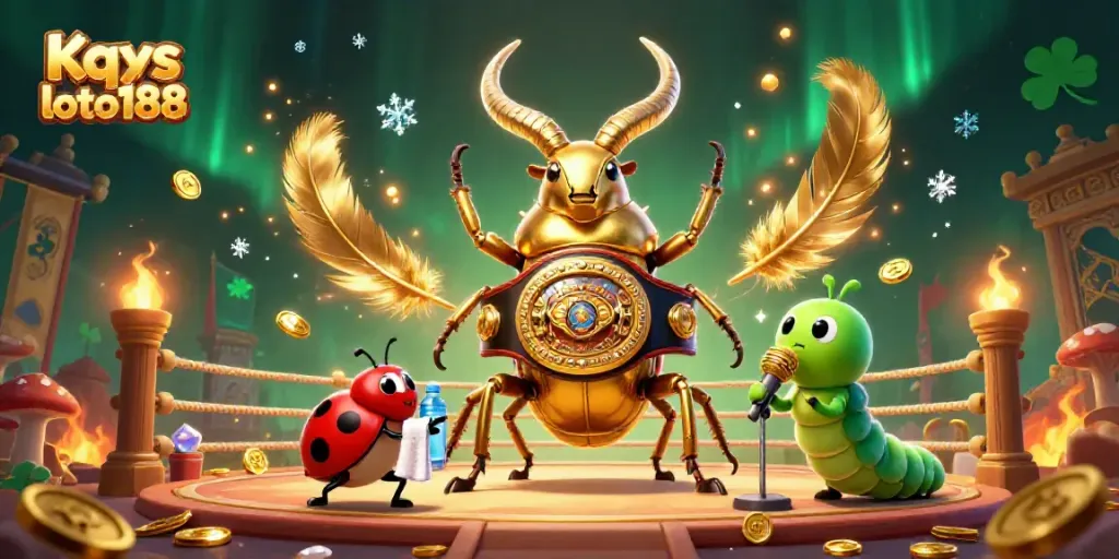 Kqxs loto188 showcases a vibrant, energy-filled scene of a boxing beetle with a ladybug water boy and a caterpillar announcer.