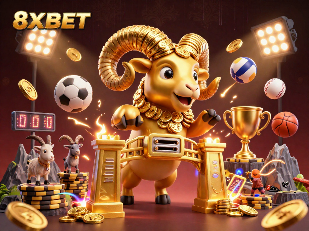 Engage with 8XBET by experiencing thrilling sports betting alongside cartoon gold ram in a vibrant casino.