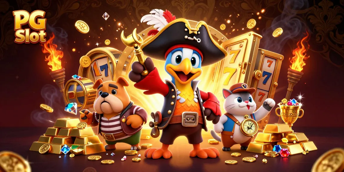 Spin the reels on PG Slot amidst a treasure-filled scene with vibrant characters and gold elements.
