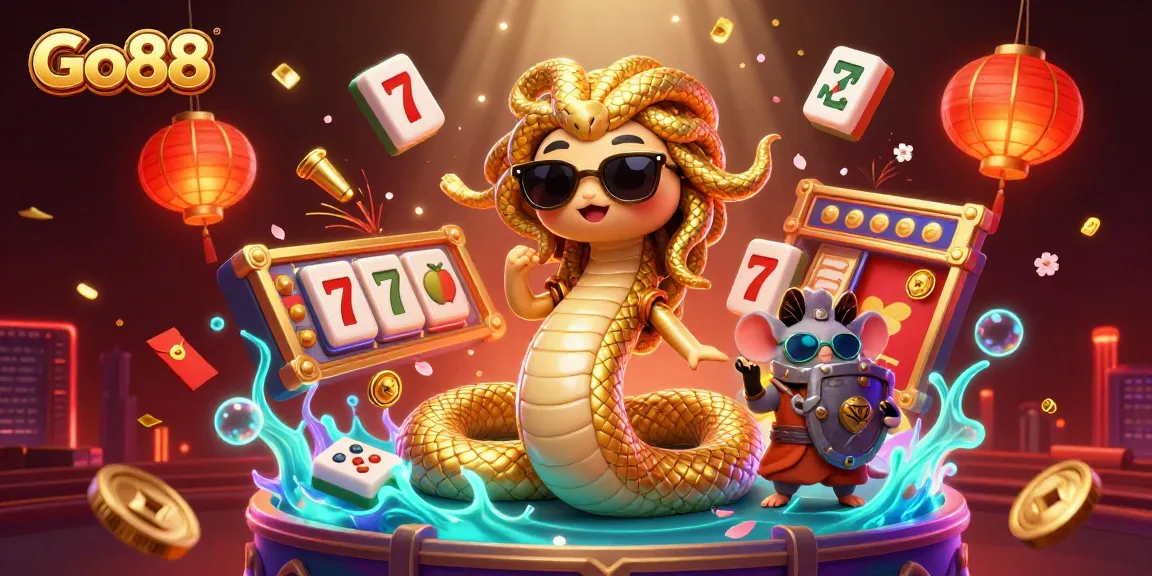 Experience the thrill of Go88 with a dynamic casino illustration featuring Medusa, a warrior mouse, and vibrant gaming elements.