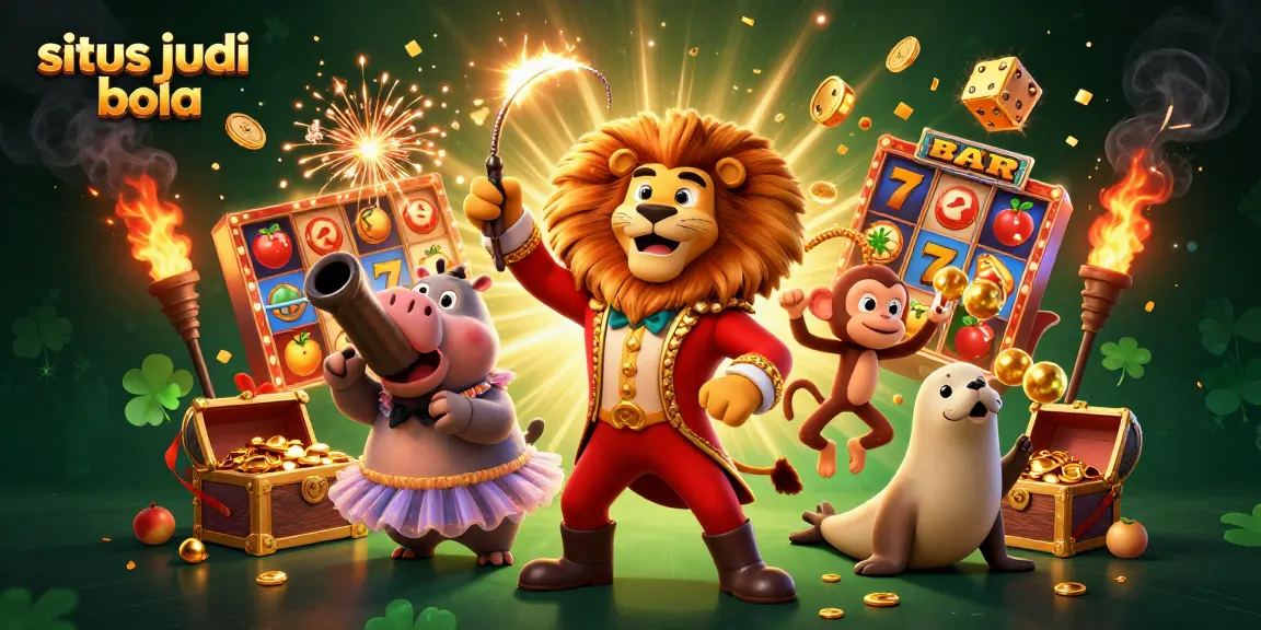 Exciting scene illustrating situs judi bola with cartoon characters and casino elements bursting with action.
