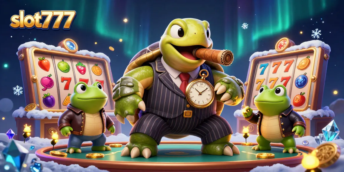 Visualisasi slot777 yang menampilkan kura-kura besar berbusana mobster dengan simbol slot dinamis dan koin emas.