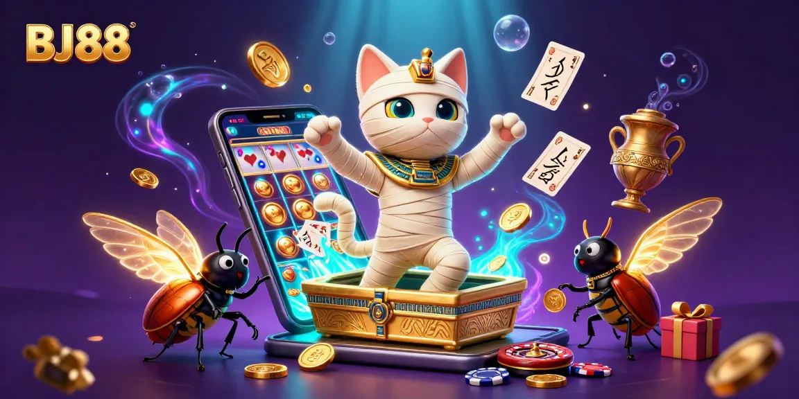BJ88 showcases a thrilling casino scene with a 3D mummy cat and golden scarab, perfect for engaging gameplay.