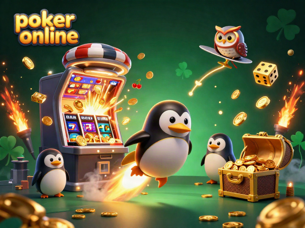 Experience poker online with a vibrant 3D scene featuring a rocket-powered penguin and casino elements.
