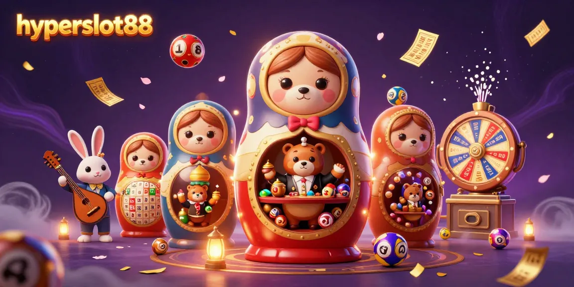 Experience the excitement of hyperslot88 with vibrant lottery balls, dealer bears, and dynamic gaming elements.