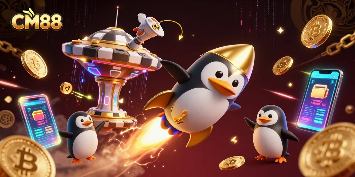 Watch CM88's golden penguin blast off to casino space, leaving gold coin trails!