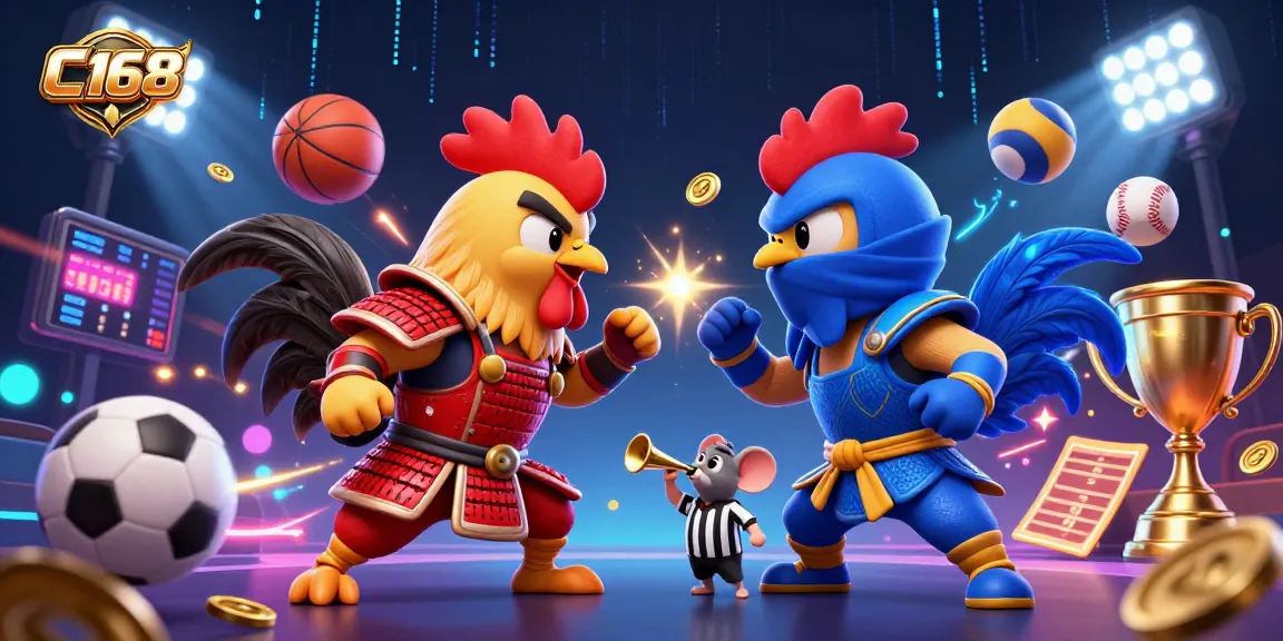 C168 showcases an exciting standoff between cartoon roosters in dramatic gambling action scene.