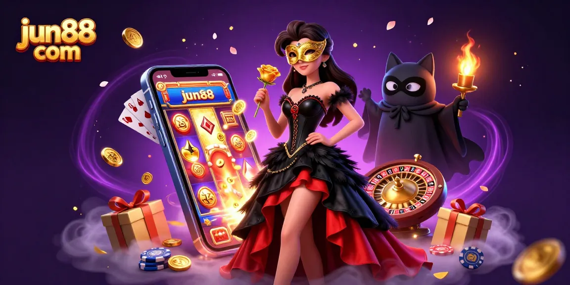 Experience the thrill of gaming with jun88 com featuring a vibrant 3D illustration of casino elements and characters.