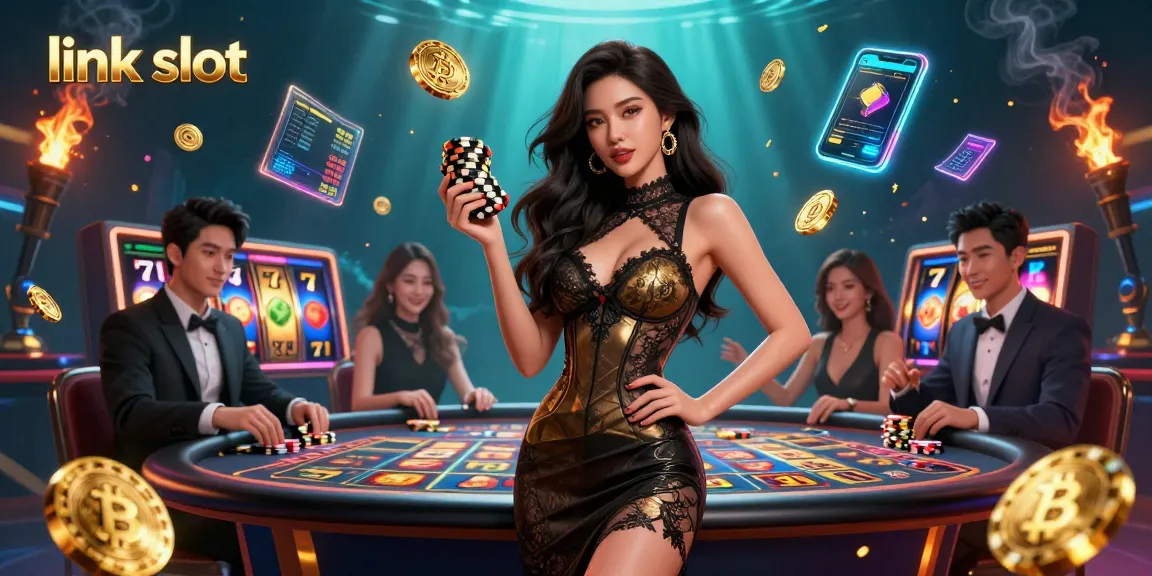 Engage with link slot excitement in a luxurious casino setting featuring 3D slot elements.