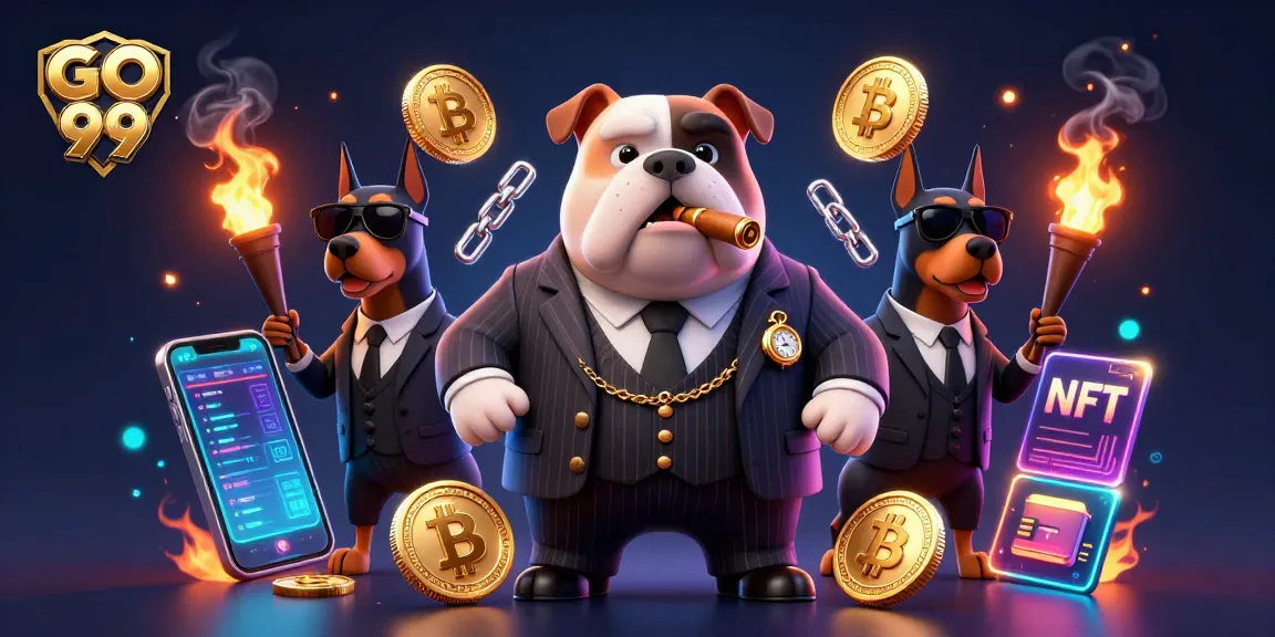 Engaging gaming scene featuring GO 99 with a mafia-themed boss and crypto elements.