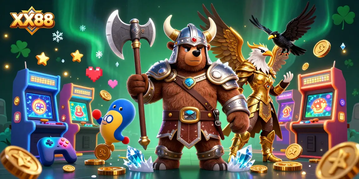 Experience thrilling gaming action with XX88's vibrant casino scene featuring a Viking bear and a Valkyrie eagle.