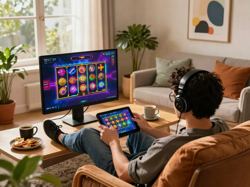 luxury12 gaming experience with player enjoying slots on tablet in cozy lounge