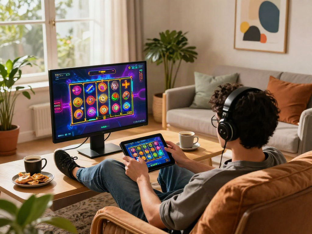 luxury12 gaming experience with player enjoying slots on tablet in cozy lounge