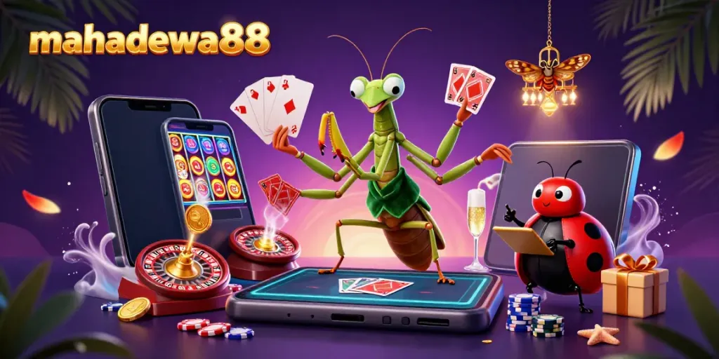 Engage in gambling action with mahadewa88 as a cartoon mantis deals cards in a vibrant casino scene.