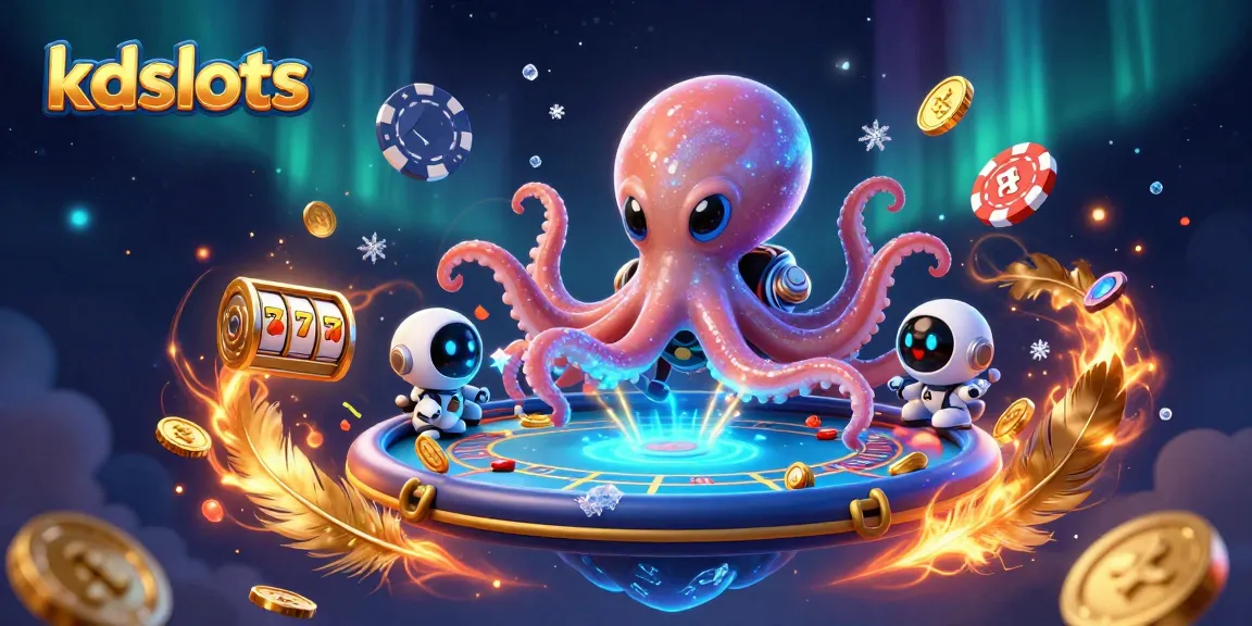 Experience kdslots with an alien octopus navigating a holographic poker table amid cosmic elements.