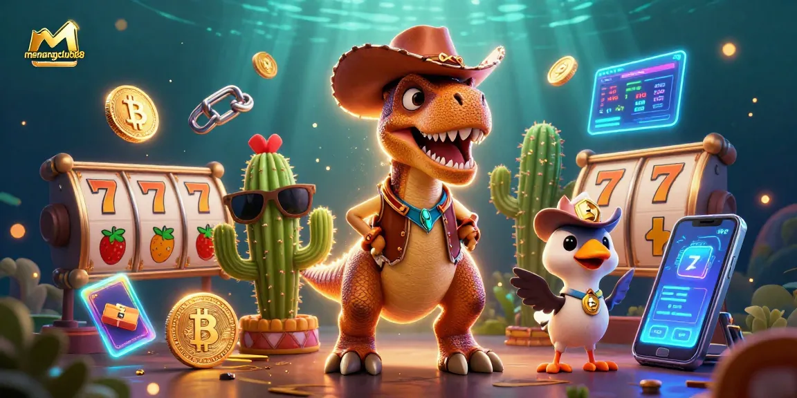 Engage with menangclub88 through an exciting 3D scene of a cowboy T-Rex and vibrant slot game elements.