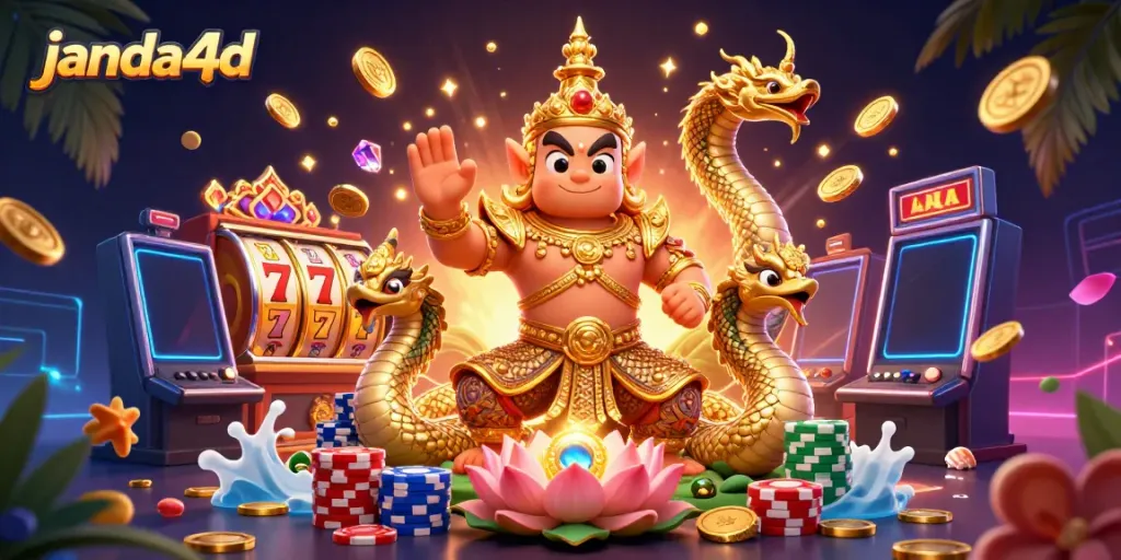 Ilustrasi luar biasa janda4d dengan penjaga kuil dan elemen permainan kasino yang menarik