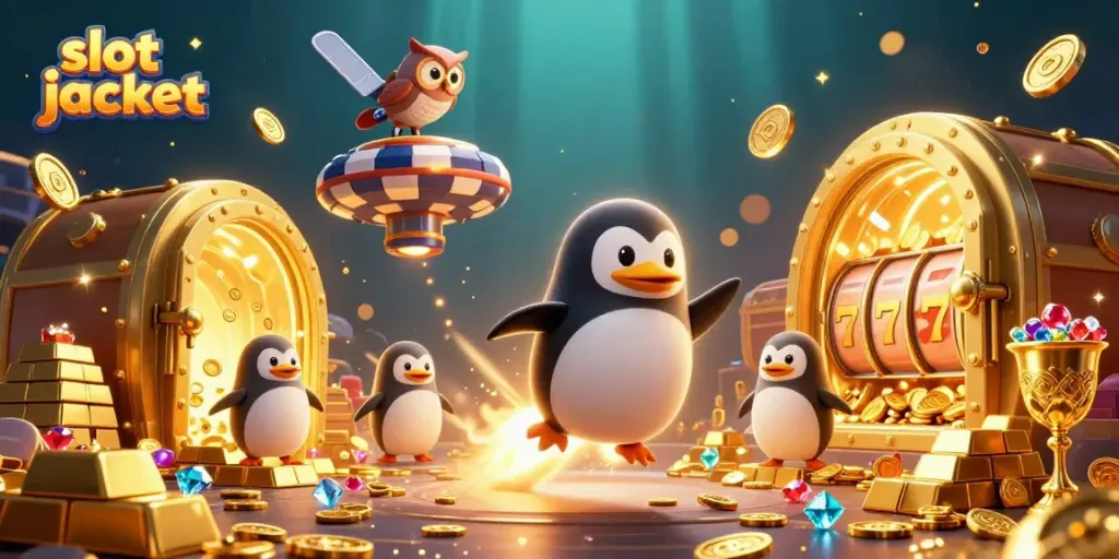Menghasilkan jackpot slot terbesar dengan penguin emas terbang menuju stasiun kasino.