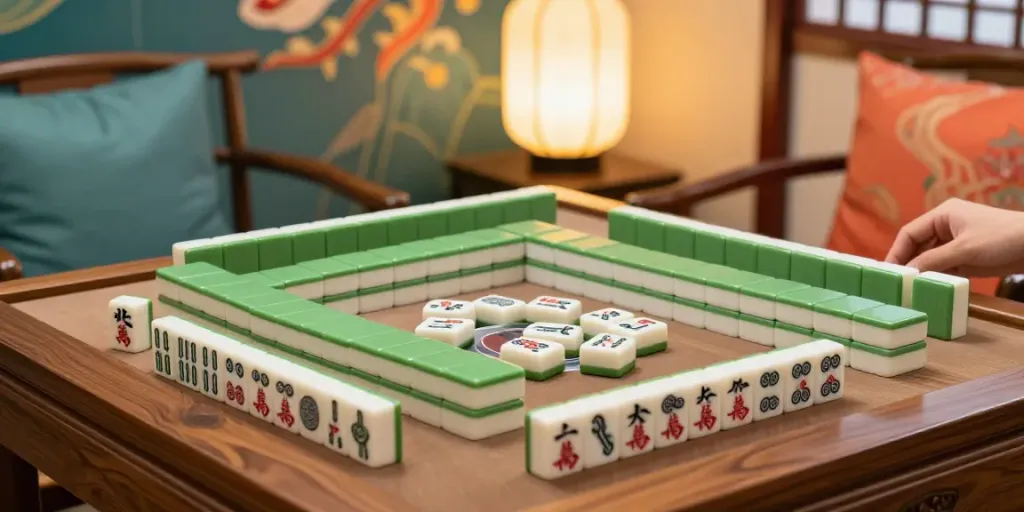 Permainan slot mahjong di meja kayu dengan ubin Mahjong dan suasana hangat.