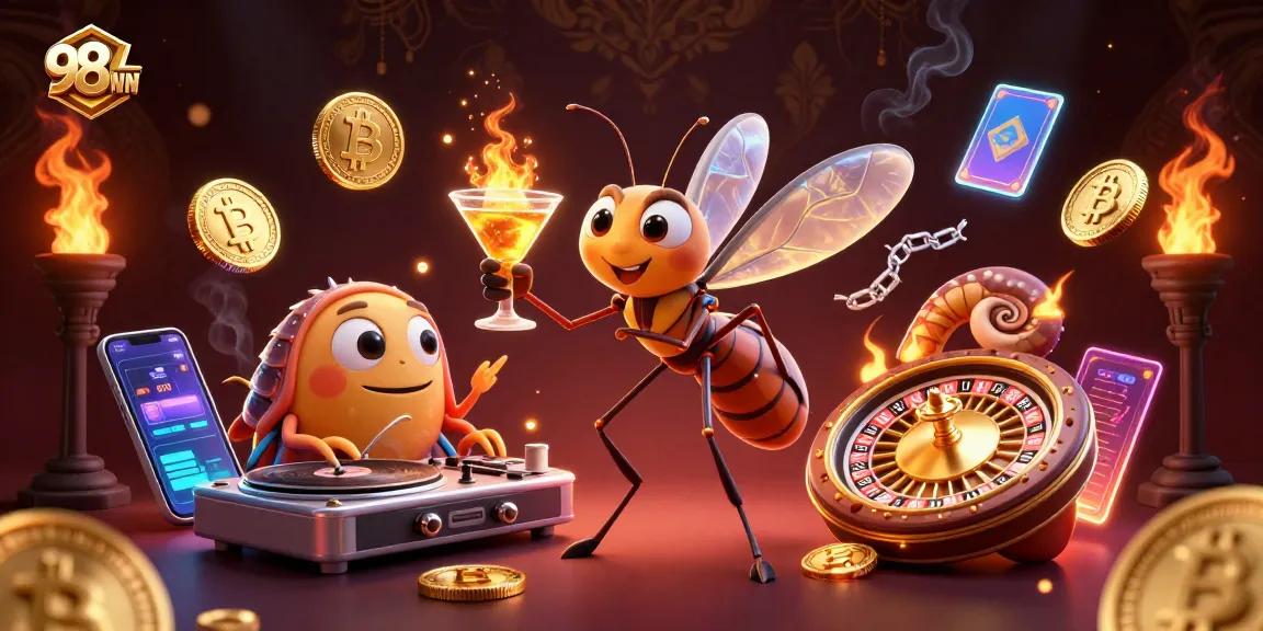 Engage with 98WIN's thrilling casino experience featuring vibrant characters and crypto elements.